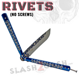 Skeleton Butterfly Knives Bones Drop Point Single Edge Plain Skulls Balisong Rivets - Blue