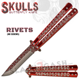 Skeleton Butterfly Knives Bones Drop Point Single Edge Plain Skulls Balisong Rivets - Red