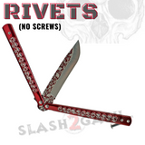 Skeleton Butterfly Knives Bones Drop Point Single Edge Plain Skulls Balisong Rivets - Red
