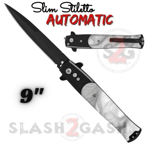 Black and White Marble Automatic Stiletto Switchblade Knives Pearl Slim Pocket Knife Black Blade