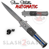 Blue Line Flag Automatic Stiletto Switchblade Knives Pearl Slim Pocket Knife Silver Blade