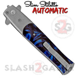 Black and Blue Marble Automatic Stiletto Switchblade Knives Pearl Slim Pocket Knife Silver Blade