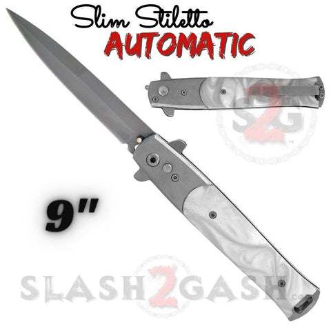 Silver and White Marble Automatic Stiletto Switchblade Knives Pearl Slim Pocket Knife Silver Blade