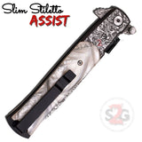 White Marble Spring Assist Stiletto Knives Slim Pocket Knife Damascus Blade
