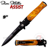Amber Fire Marble Pearl Spring Assist Stiletto Knives Slim Pocket Knife Black Blade