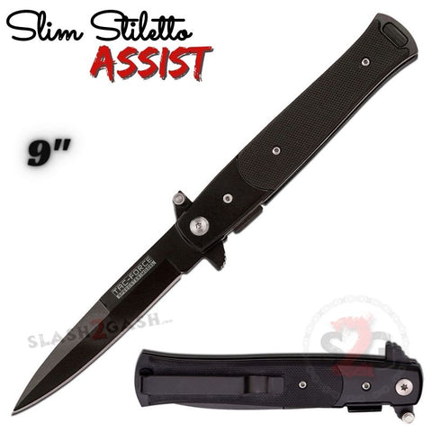 Black G10 Spring Assist Stiletto Knives Slim Pocket Knife Black Blade