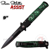 Green Marble Spring Assist Stiletto Knives Slim Pocket Knife Black Blade