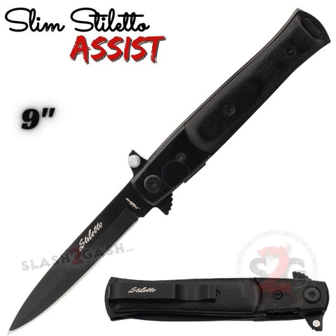 Black Pakka Wood Spring Assist Stiletto Knives Slim Pocket Knife Black Blade