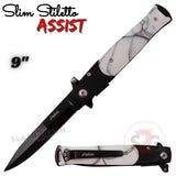 Black and White Marble Spring Assist Stiletto Knives Slim Pocket Knife Black Blade