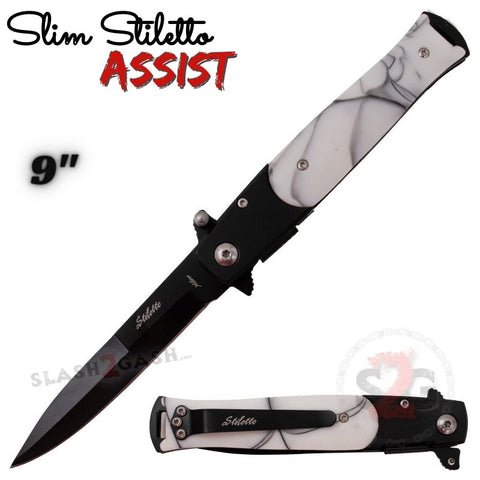 Black White Marble Spring Assist Stiletto Knives Slim Pocket Knife Black Blade