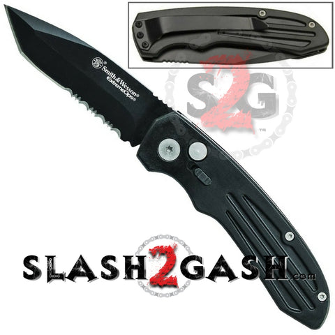 Smith & Wesson Extreme Ops Black Automatic Knife - Tanto Serrated SW50BTS S2G slash2gash