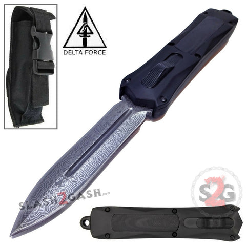 Delta Force Spartan OTF Knife Black Tactical D/A Automatic - Damascus Spear Plain Edge