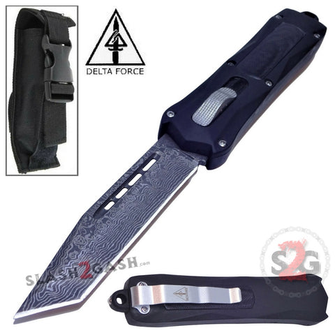 Delta Force Spartan Warrior D/A OTF Automatic Knife Black Tactical S2G - Damascus Tanto Plain Edge