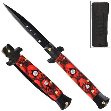 9" Red Skull Mafia Italian Milano Stiletto Classic Automatic Knife