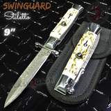 Automatic Switchblade Knives Raindrop Real Damascus Stag Antler Teardrop Swing Guard Italian Style 9 Inch Italy Swinguard Stiletto Knife