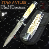 Automatic Switchblade Knives Raindrop Real Damascus Stag Antler Teardrop Swing Guard Italian Style 9 Inch Italy Swinguard Stiletto Knife