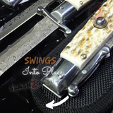 Automatic Switchblade Knives Raindrop Real Damascus Stag Antler Teardrop Swing Guard Italian Style 9 Inch Italy Swinguard Stiletto Knife