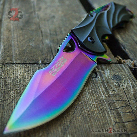 Rainbow Titanium Blade Spring Assisted Pocket Knife Folding Bowie 8"