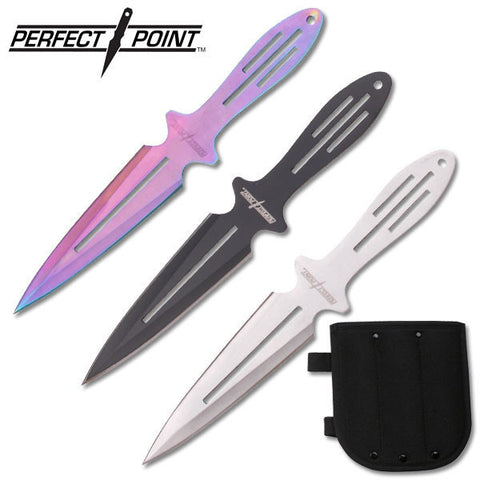8" Throwing Knife Set 3 PC Perfect Point Thrower Knives Black Silver Rainbow