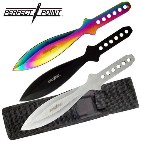 9" inch Throwing Knife Set 3 PC Perfect Point Thrower Knives Black Silver Rainbow