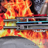 Classic 6 Hole Butterfly Knife w/ Spring Latch Balisong Sandwich Version Weehawk - Silver w/ Blue Holes