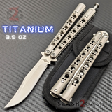 The ONE Titanium Butterfly Knife with BUSHINGS 440C Channel Balisong - Satin 43 clone Bowie with Spring Latch