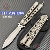 The ONE Titanium Butterfly Knife with BUSHINGS 440C Channel Balisong - Satin 46 clone Dagger with Spring Latch