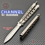 The ONE Titanium Butterfly Knife with BUSHINGS 440C Channel Balisong - Satin 46 clone Dagger with Spring Latch