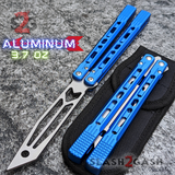 The ONE Balisong Arrow Aluminum Butterfly Knife Clone Channel Construction D2 - BUSHINGS Blue Trainer Knives