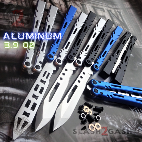 The ONE ALIEN Balisong INKED Channel Butterfly Knife w/ Bushings - Black Hardware Blue Silver Original Design