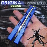 The ONE ALIEN Balisong Channel Butterfly Knife - Blue Sharp Original Design Aluminum Handles