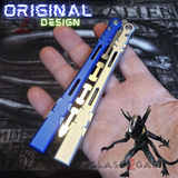 The ONE ALIEN Balisong Channel Butterfly Knife - Blue Silver Handle Trainer w/ Bushings Original Design