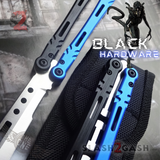 The ONE ALIEN Balisong INKED Butterfly Knife - Black Hardware Pivots Screws w/ Bushings Washers Blue Handles