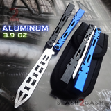 The ONE ALIEN Balisong INKED Butterfly Knife - Black Hardware Trainer Blue w/ Bushings Practice Knives Dull Training Safe