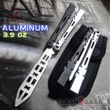 The ONE ALIEN Balisong INKED Butterfly Knife - Black Hardware Trainer Silver w/ Bushings Practice Knives Dull Training Safe