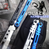 The ONE ALIEN Balisong INKED Butterfly Knife - Black Hardware Pivots Screws w/ Bushings Washers Blue Silver Handles