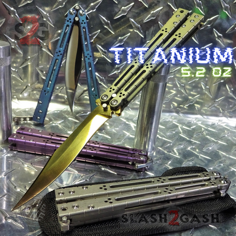 The ONE Butterfly Knife TITANIUM Balisong w/ Bushings - (clone) Lizard Blue Purple Silver Gold Blade