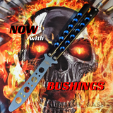 The ONE BM40 clone Butterfly Knife Balisong Trainer w/ BUSHINGS Practice Black Blue Holes Safety Dull