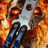 The ONE BM40 clone Butterfly Knife Balisong Trainer w/ BUSHINGS Practice Black Blue Holes Safety Dull