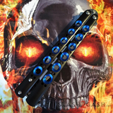 The ONE BM40 clone Butterfly Knife Balisong Trainer w/ BUSHINGS Practice Black Blue Holes Safety Dull