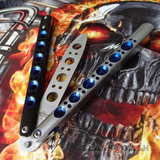 The ONE BM40 clone Butterfly Knife Balisong Trainer w/ BUSHINGS Practice Black Blue Holes Safety Dull