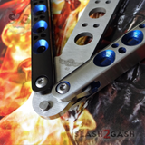 The ONE BM40 clone Butterfly Knife Balisong Trainer w/ BUSHINGS Practice Black Blue Holes Safety Dull