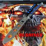 The ONE BM40 clone Butterfly Knife Balisong Trainer w/ BUSHINGS Practice Black Blue Holes Safety Dull