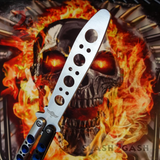 The ONE BM40 clone Butterfly Knife Balisong Trainer w/ BUSHINGS Practice Black Blue Holes Safety Dull