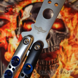The ONE BM40 clone Butterfly Knife Balisong Trainer w/ BUSHINGS Practice Black Blue Holes Safety Dull