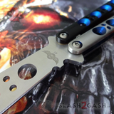The ONE BM40 clone Butterfly Knife Balisong Trainer w/ BUSHINGS Practice Black Blue Holes Safety Dull