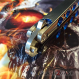 The ONE BM40 clone Butterfly Knife Balisong Trainer w/ BUSHINGS Practice Black Blue Holes Safety Dull