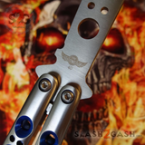 TheONE Butterfly Knife Trainer w/ BUSHINGS Practice Balisong - Blue Holes - Safety Dull - Training No Edge