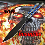 TheONE Butterfly Knife with BUSHINGS 440C Channel Balisong - Black 42 Blue Holes and Spring Latch