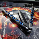 The ONE Butterfly Knife 440C Channel Balisong w/ BUSHINGS - Black 42 Blue Holes and Spring Latch